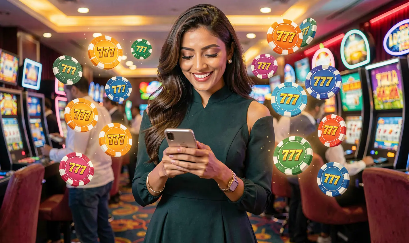 Confident Bangladeshi player enjoying the 21OK casino app with glowing poker chips and 777 slot symbols floating in a modern gaming scene