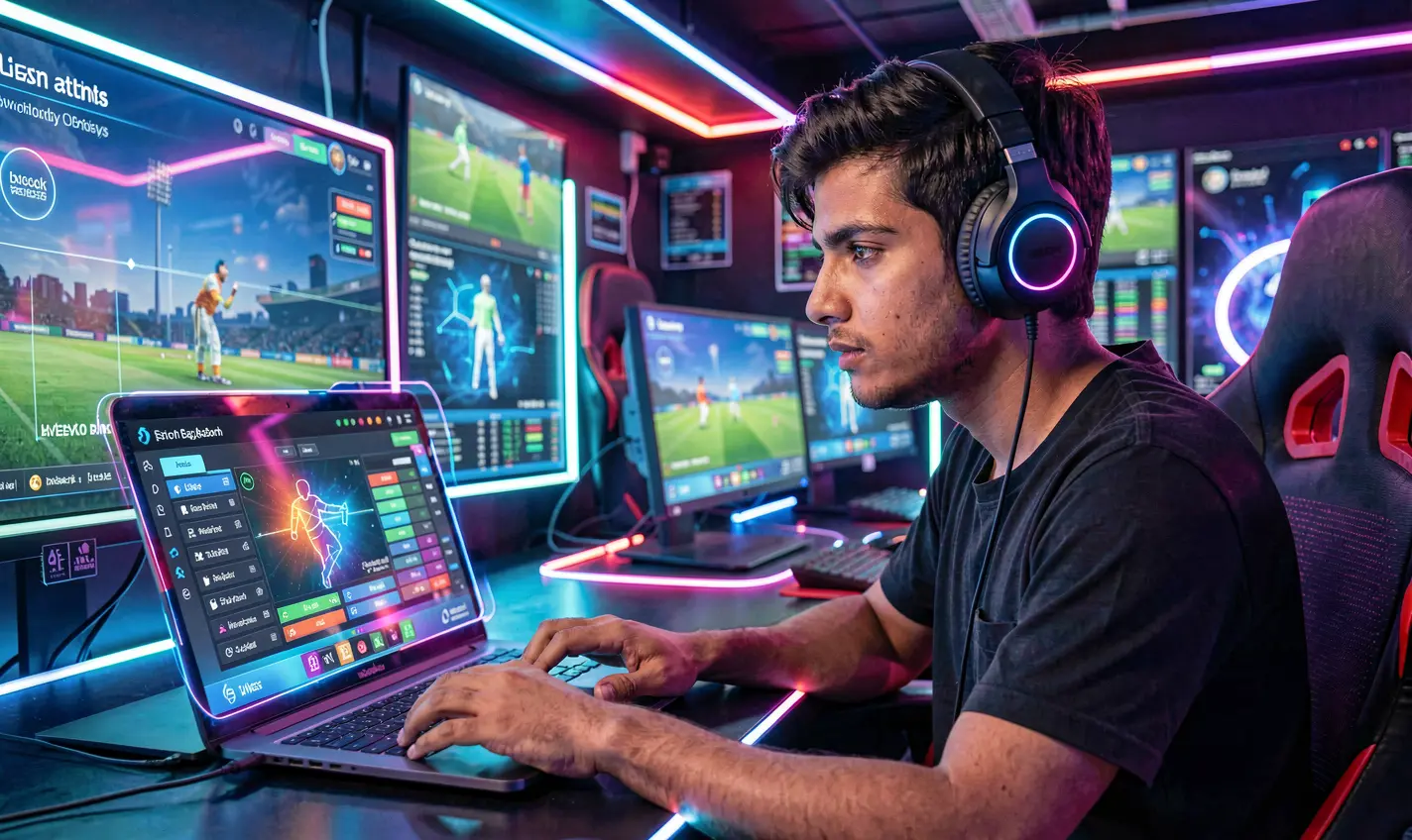 Focused Bangladeshi player wearing headphones while placing live cricket bets on a laptop with glowing neon interface using 21OK
