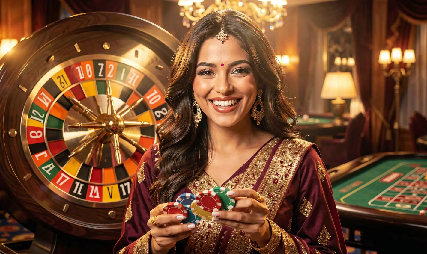 Confident casino player holding colorful chips with a roulette wheel glowing behind her symbolizing high stakes gaming and rewards at 21OK Bangladesh