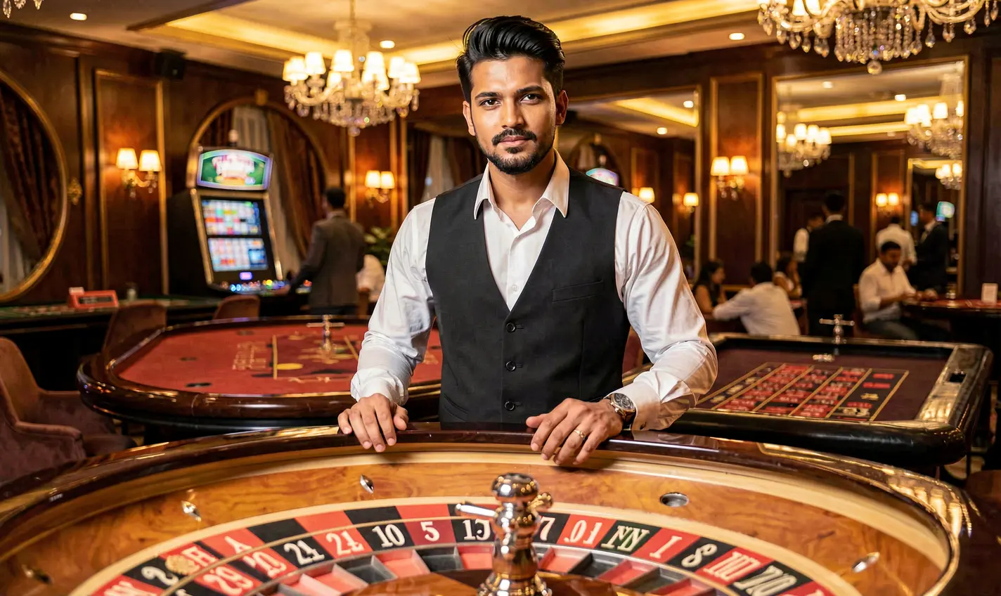Confident Bangladeshi casino dealer standing by a glowing roulette table in a luxury gaming hall representing the high end live casino experience at 21OK