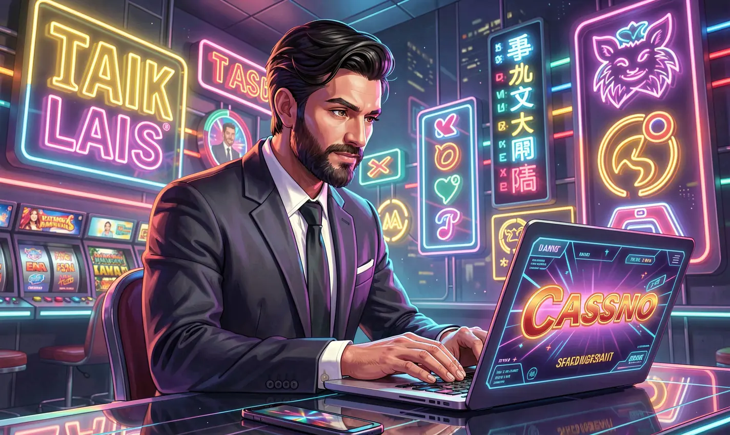 Focused player enjoying colorful online casino games on a laptop surrounded by neon symbols and digital effects representing 21OK gaming in Bangladesh