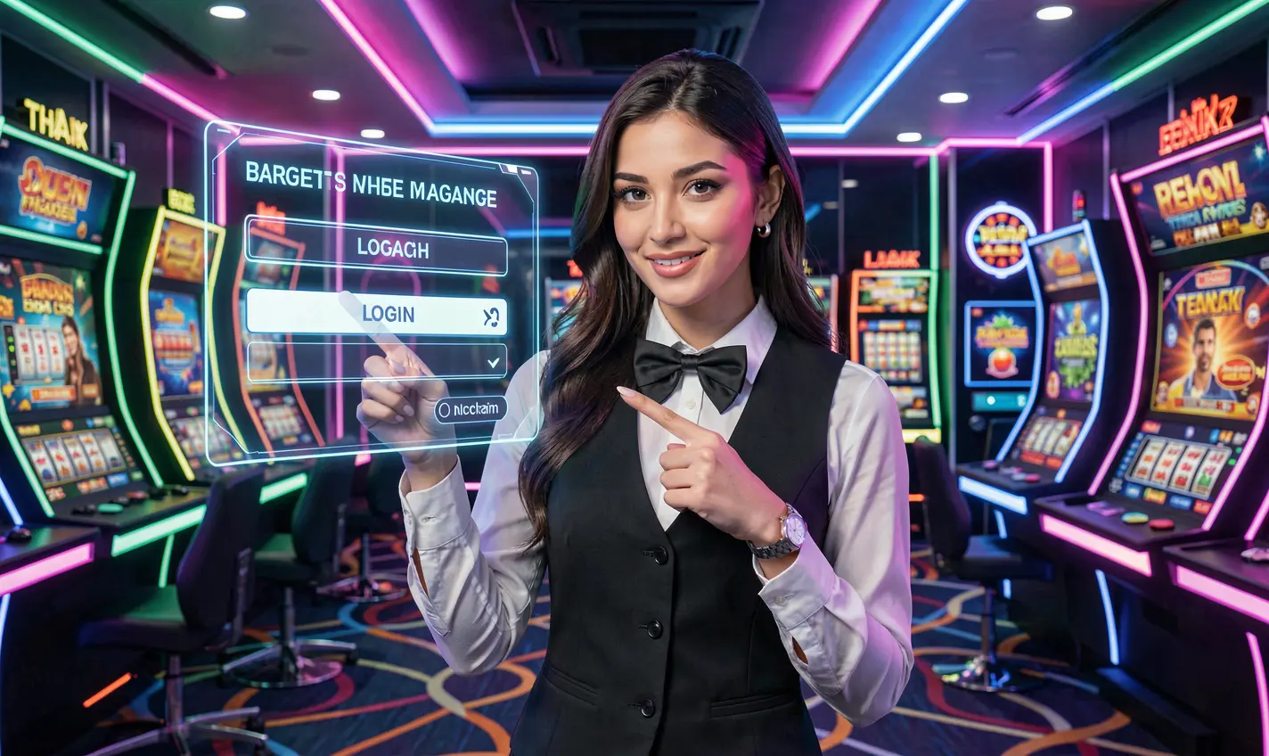 Professional Bangladeshi casino dealer in a modern virtual environment pointing at a glowing login button representing secure access on 21OK