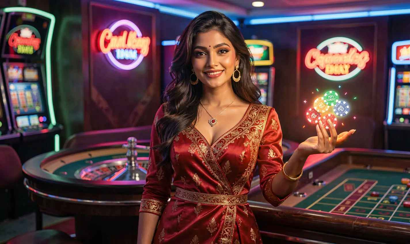 Elegant casino scene with a stylish woman holding chips near a roulette table representing the premium gaming experience at 21OK for players in Bangladesh