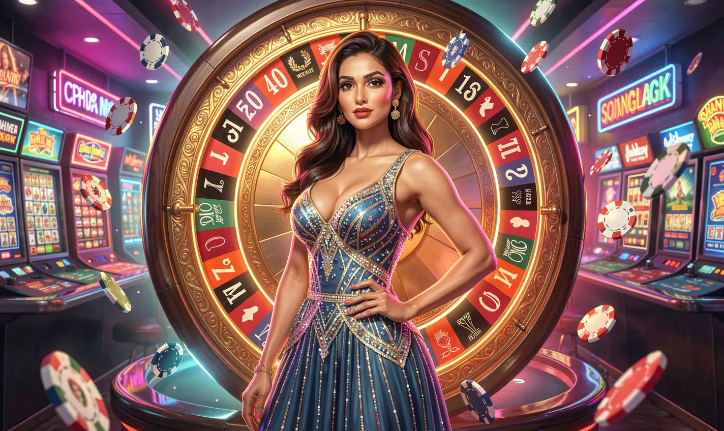 A glamorous casino model in a sparkling dress posing in front of a neon roulette wheel with flying chips representing the vibrant live casino atmosphere of 21OK in Bangladesh