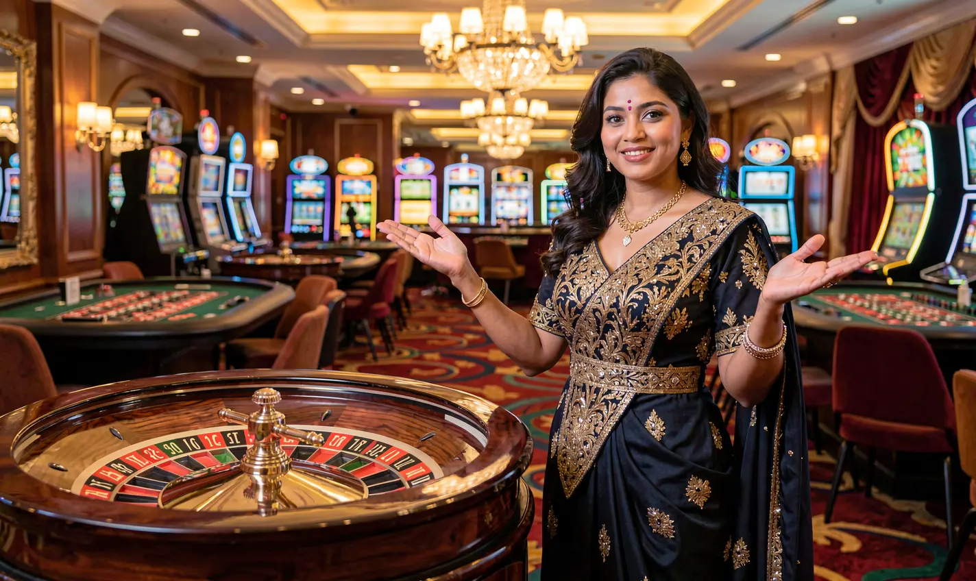 Stylish live casino dealer in a red evening dress standing at a roulette table inside a glowing casino atmosphere showcasing the premium live gaming experience at 21OK for Bangladesh