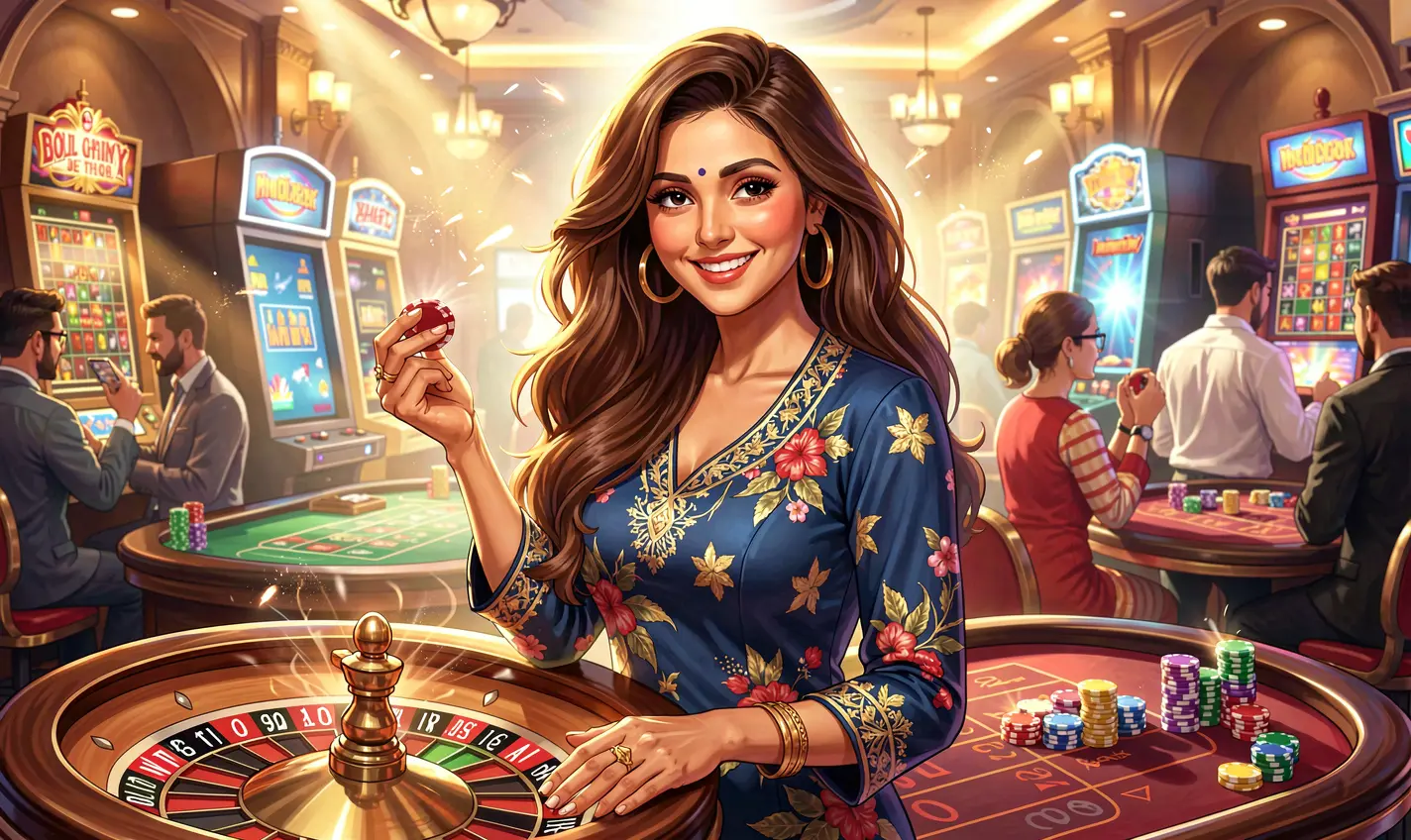 Stylish Bangladeshi casino player in a vibrant gaming atmosphere holding chips near a roulette wheel at 21OK Casino